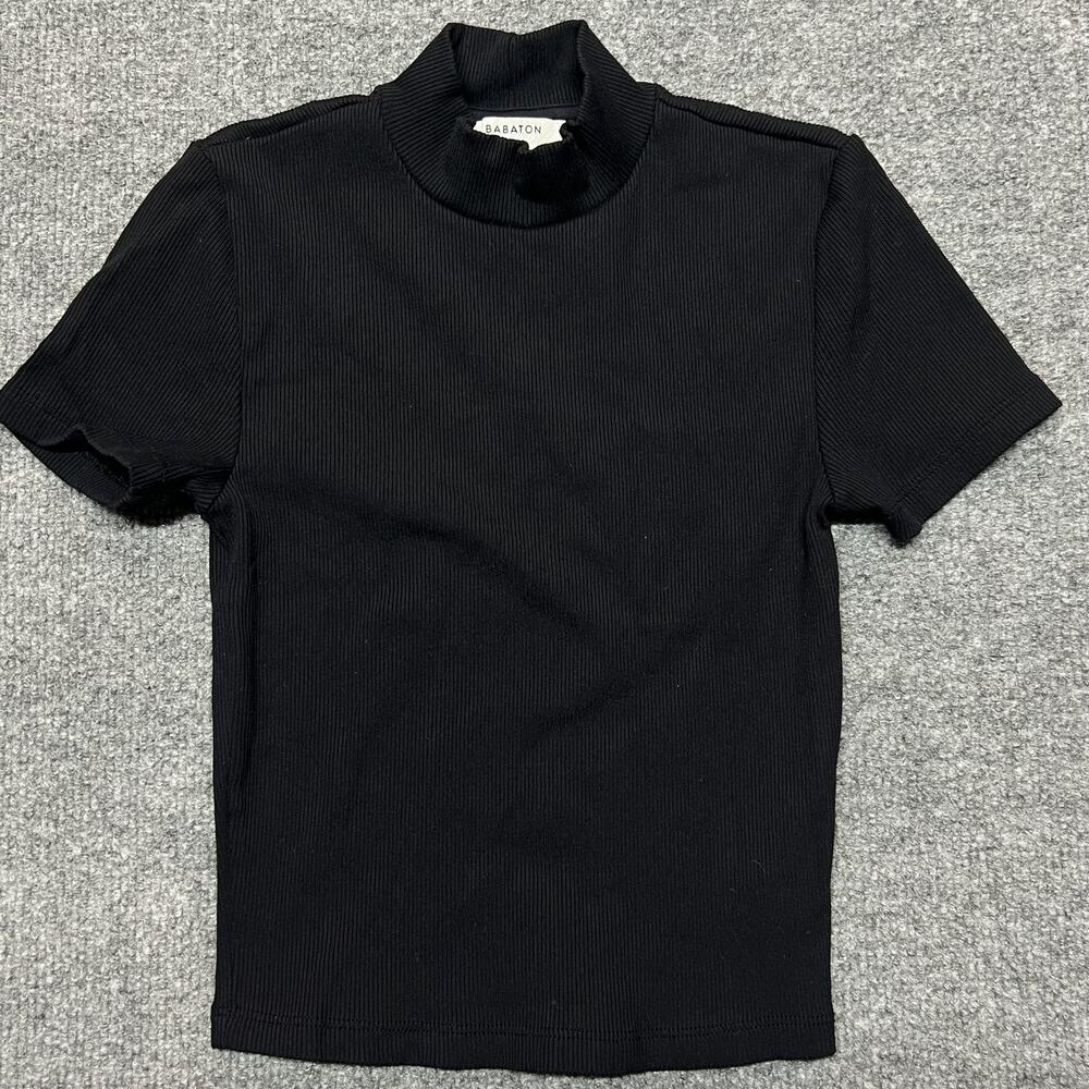 Babaton Shirt Womens XS Black Ribbed Mock Neck Short Sleeve Stretch Knit Top
